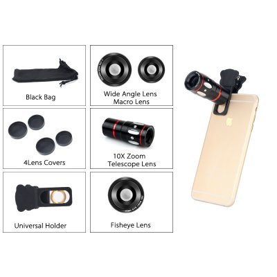 Universal 4-in-1 Smartphone Lens Kit - Fisheye Lens, Macro Lens, X10 Telescopic Lens, Wide Angle Lens (Black)