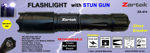 LED Torch with STUN GUN, 1.8 Million Volts, 200 Lm, incl belt Pouch